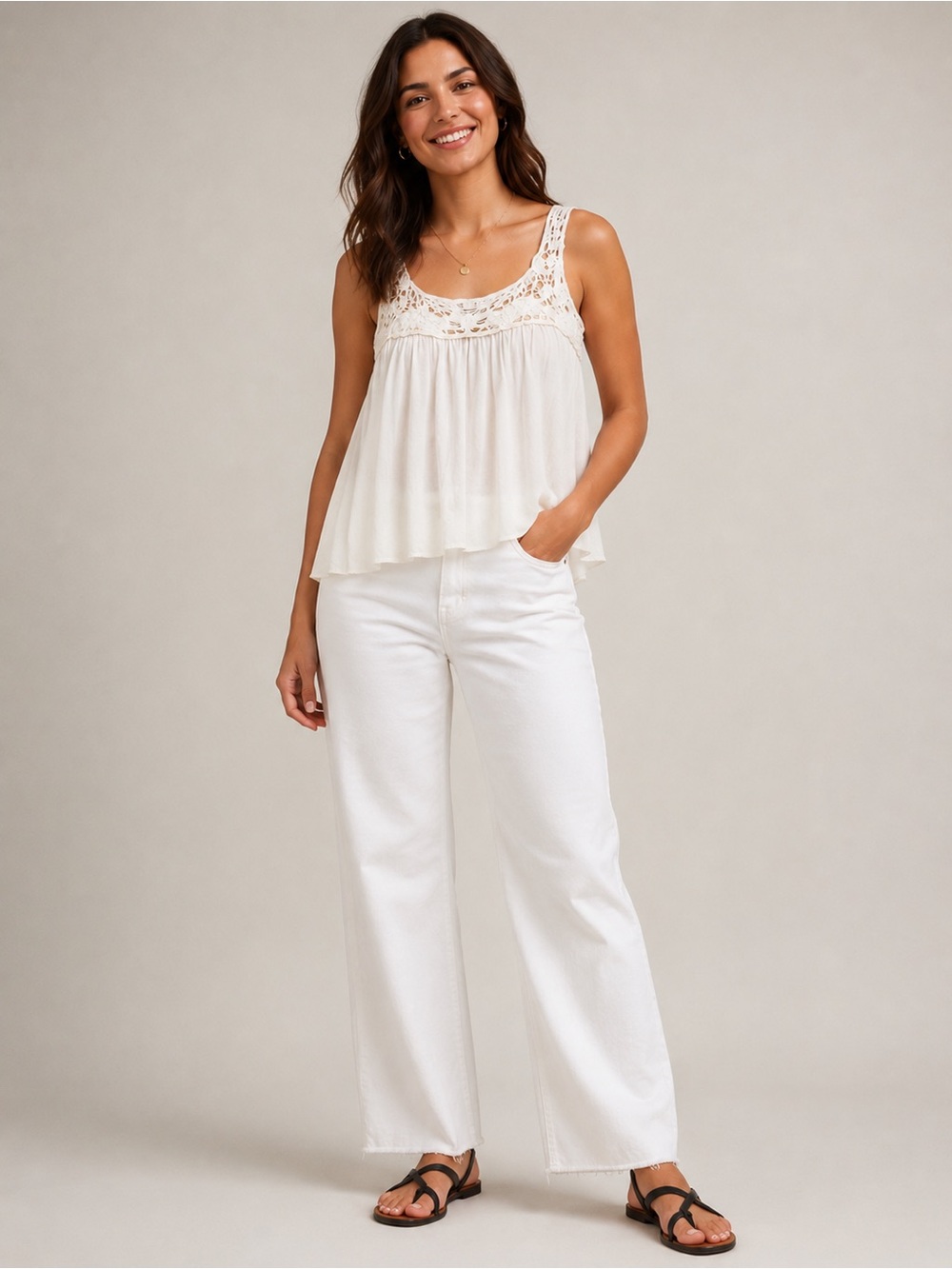 Wilfred Crochet Yoke Sleeveless peasant Top in Ivory
